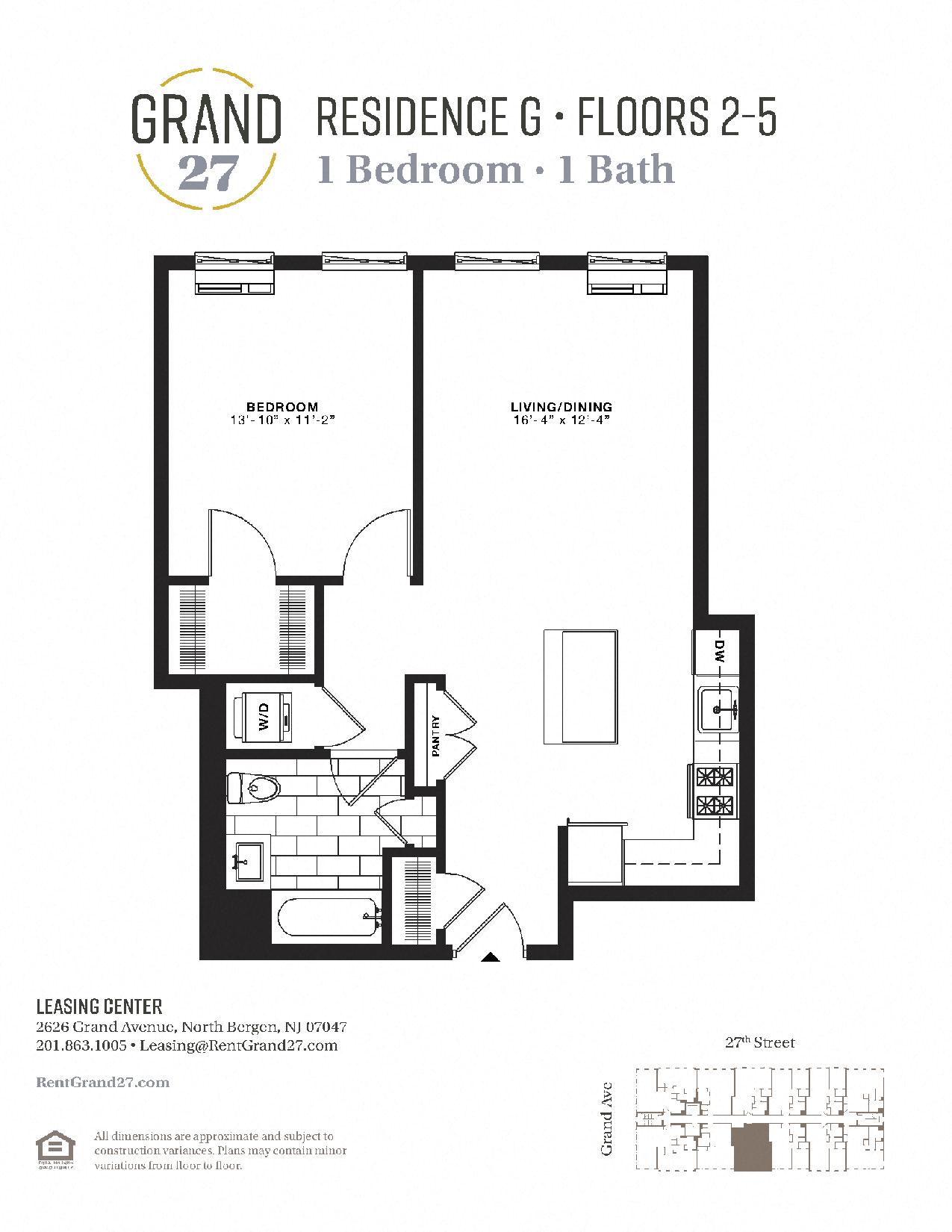 Floor plan for 1 bed, 1 bath, 742 sqft